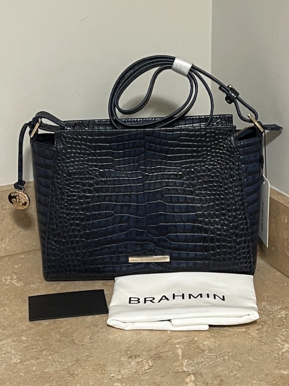 NWT Brahmin Hilary Navy Leather Crossbody Shoulder Bag w/ Dust Bag